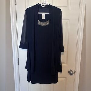 R&M Richards Navy Beaded Neck Dress & Sheer Jacket Set Size 10 Elegant Formal